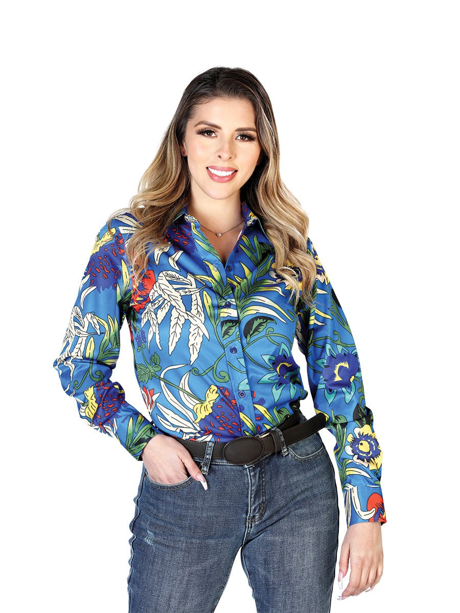 Women's Royal Blue Floral Print Long Sleeve Western Shirt 'El Señor De Los Cielos' 43895 - BELLEZA'S - Women's Royal Blue Floral Print Long Sleeve Western Shirt 'El Señor De Los Cielos' 43895 - Women's Shirt - 04389501