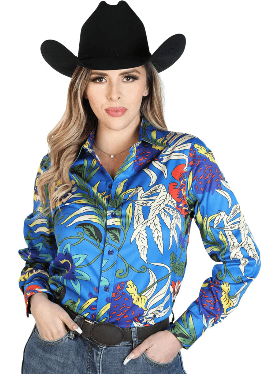 Women's Royal Blue Floral Print Long Sleeve Western Shirt 'El Señor De Los Cielos' 43895 - BELLEZA'S - Women's Royal Blue Floral Print Long Sleeve Western Shirt 'El Señor De Los Cielos' 43895 - Women's Shirt - 04389501