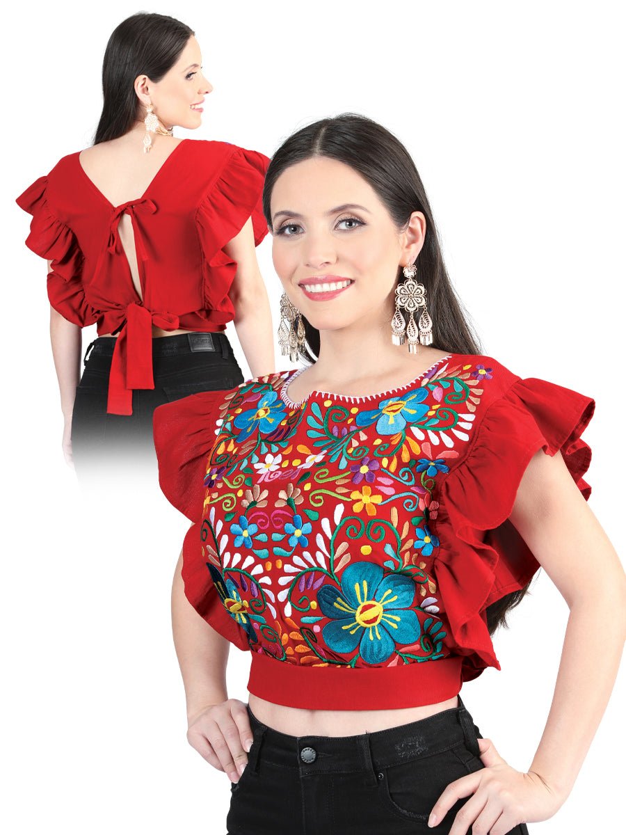 Women’s Ruffle Sleeves Floral Embroidered Artisanal Crop Top Red 603987 - BELLEZA'S - Women’s Ruffle Sleeves Floral Embroidered Artisanal Crop Top Red 603987 - Women's Blouse - 60398701