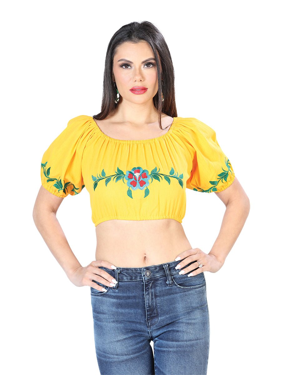Women’s Short Sleeve Floral Embroidered Artisanal Crop Top Yellow 603893 - BELLEZA'S - Women’s Short Sleeve Floral Embroidered Artisanal Crop Top Yellow 603893 - Women's Blouse - 60389301