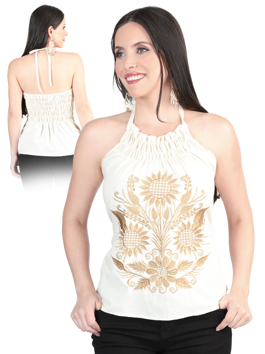 Women’s Sleeveless Sunflowers Embroidered Handmade Blouse Artisanal Beige 603990 - BELLEZA'S - Women’s Sleeveless Sunflowers Embroidered Handmade Blouse Artisanal Beige 603990 - Women's Blouse - 60399001