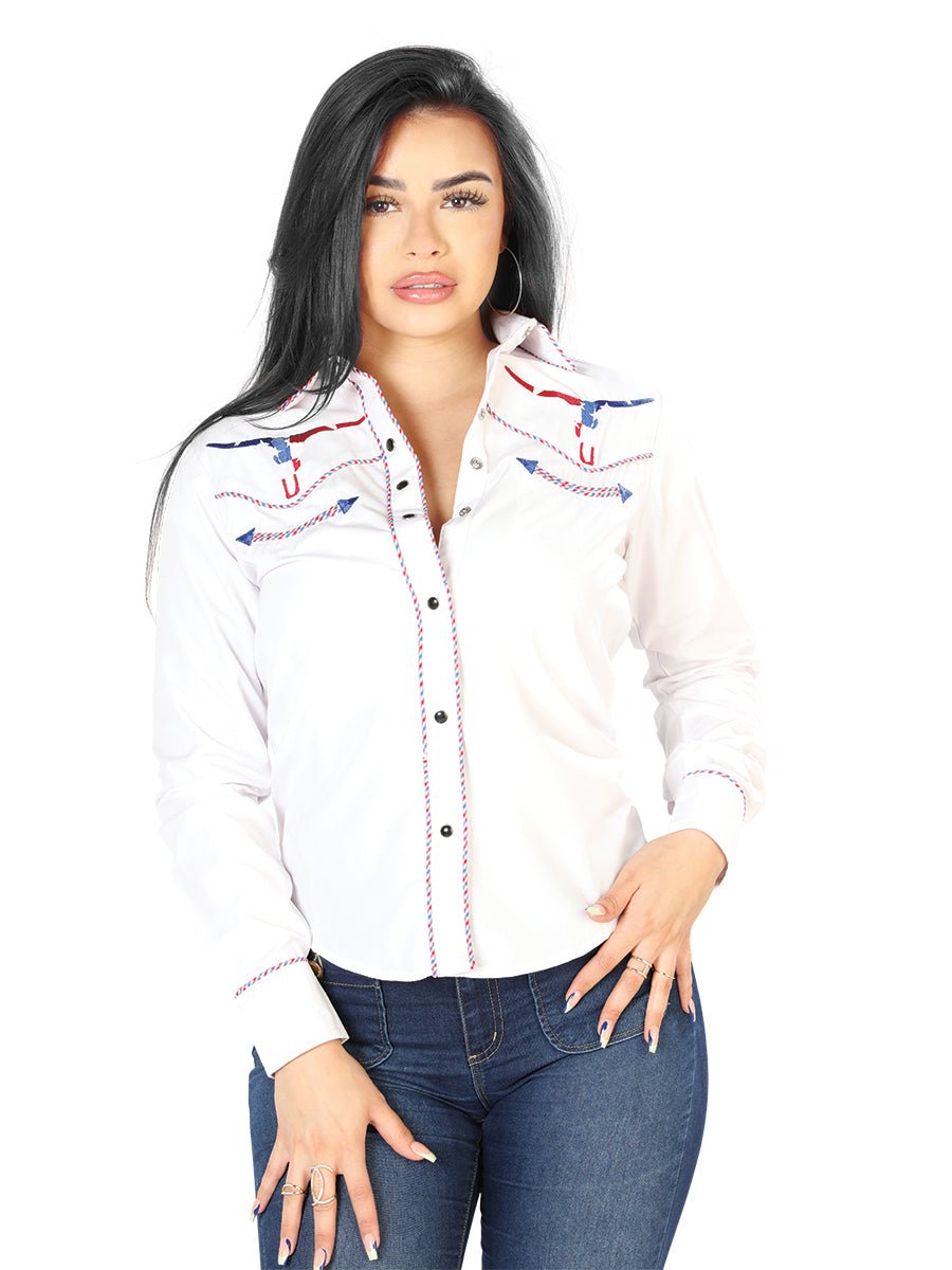 Women's White Embroidered Long Sleeve Western Shirt 'El Señor de los Cielos' 126681 - BELLEZA'S - Women's White Embroidered Long Sleeve Western Shirt 'El Señor de los Cielos' 126681 - Women's Shirt - 12668101