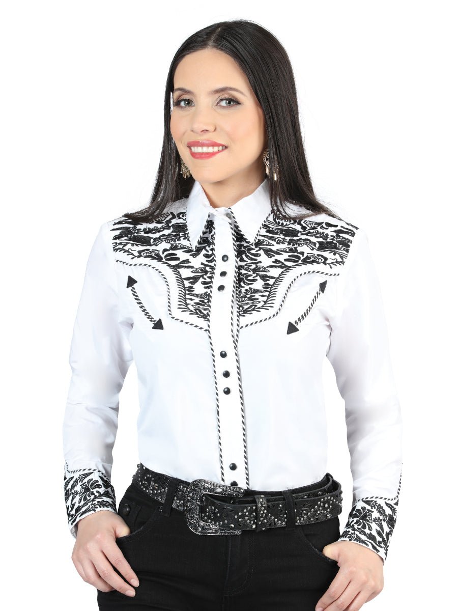 Women’s White/Black Embroidered Long Sleeve Western Shirt 'El General' 44343 - BELLEZA'S - Women’s White/Black Embroidered Long Sleeve Western Shirt 'El General' 44343 - Women's Shirt - 04434301