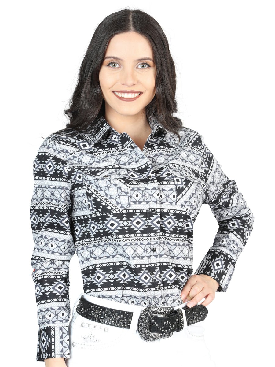 Women’s White/Black Print Long Sleeve Western Shirt 'El Señor de los Cielos' 44405 - BELLEZA'S - Women’s White/Black Print Long Sleeve Western Shirt 'El Señor de los Cielos' 44405 - Women's Shirt - 04440501