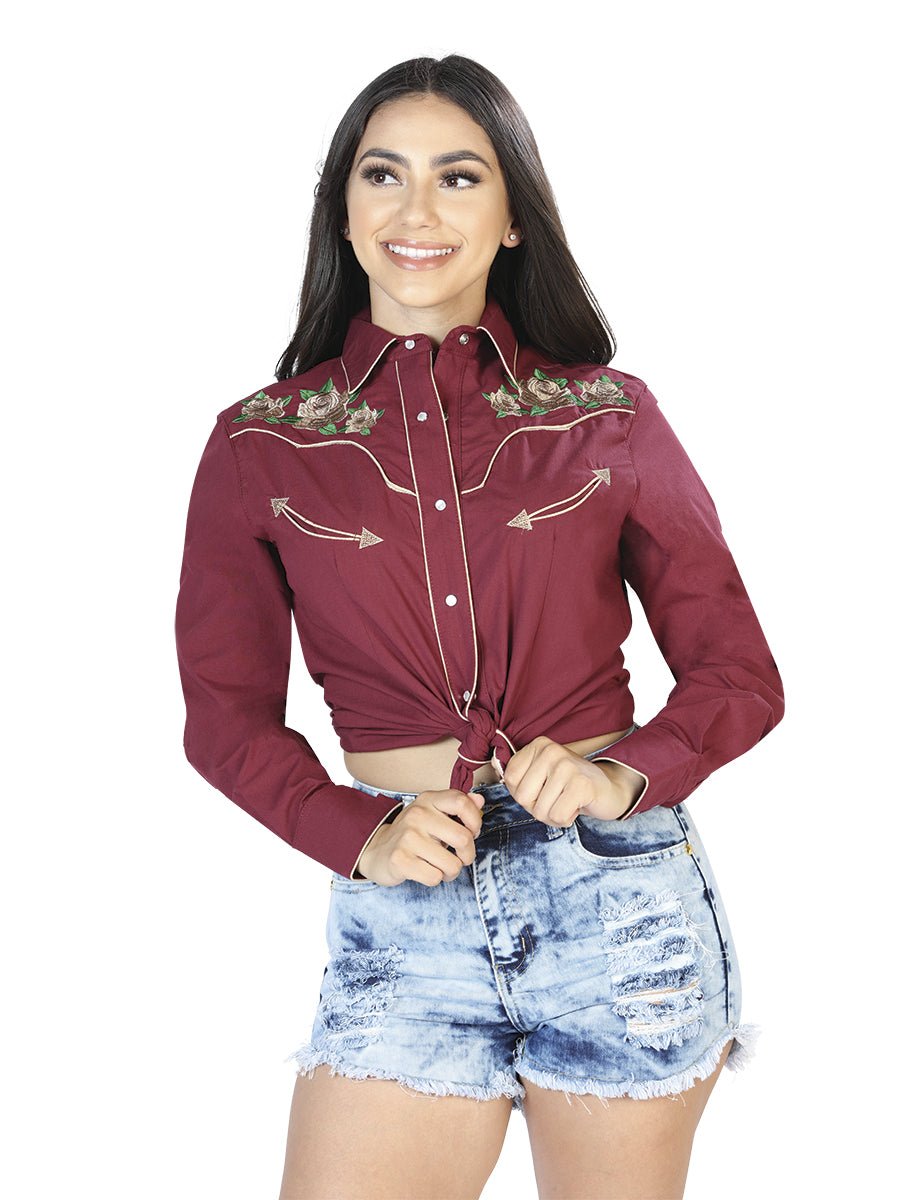 Women’s Wine Floral Embroidered Long Sleeve Western Shirt 'El Señor de los Cielos' 42965 - BELLEZA'S - Women’s Wine Floral Embroidered Long Sleeve Western Shirt 'El Señor de los Cielos' 42965 - Women's Shirt - 04296501