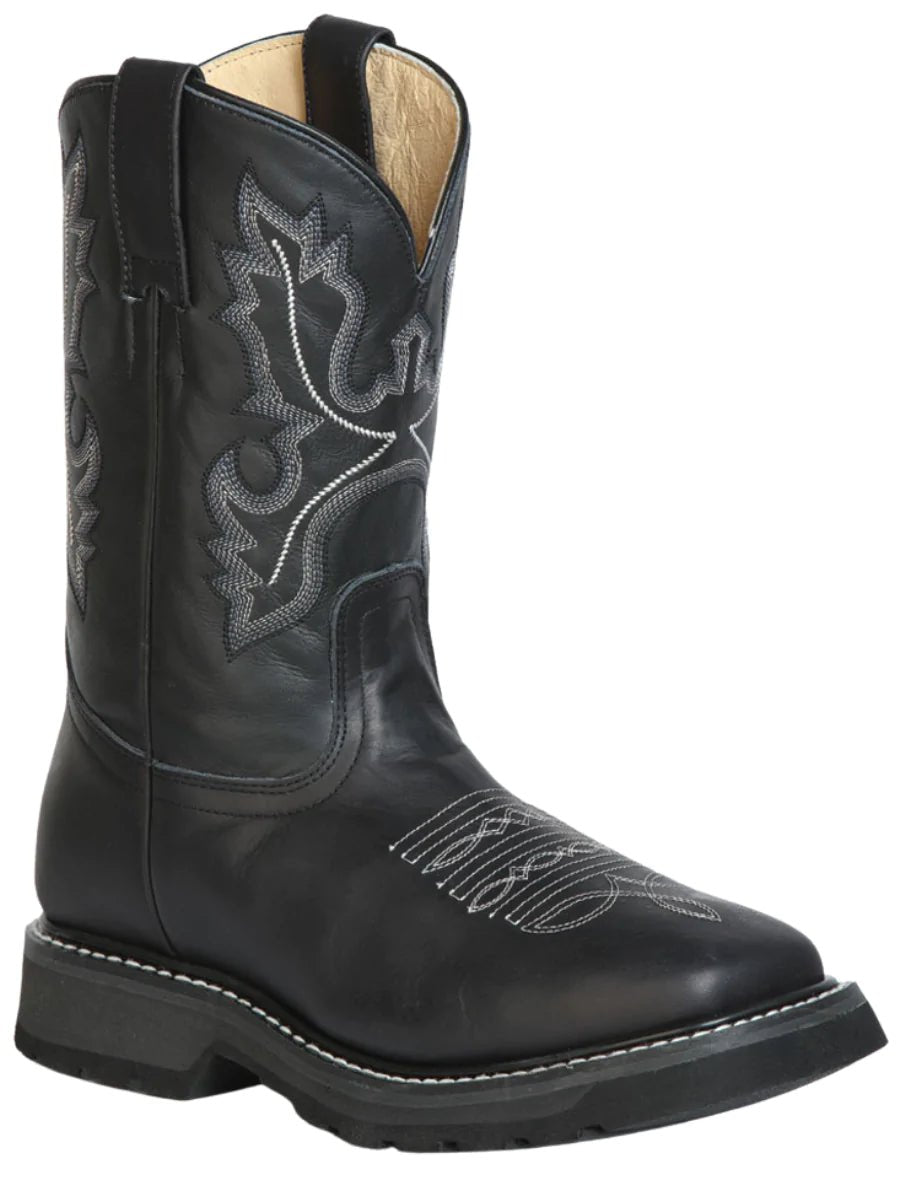 Botas De Trabajo Tubo Pull-On Con Punta Suave Piel Grasso Para Hombre 'El General' *Negro-43378* - BELLEZA'S - Botas De Trabajo - 43378