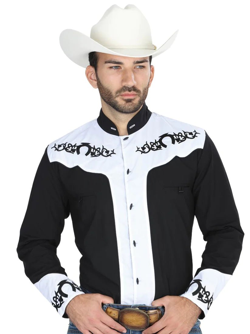 Camisa Vaquera Charra Manga Larga Negro/Blanco para Hombre 'El General' - BELLEZA'S