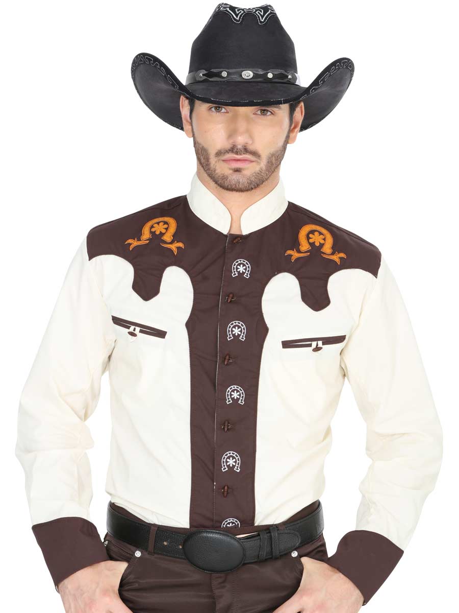 Camisa Vaquera Charra Manga Larga para Hombre 'El General' *Beige/Brown-35189* - BELLEZA'S