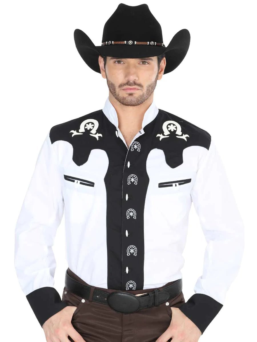 Camisa Vaquera Charra Bordada Larga Hombre 'El General' *Blanco/Negro-35187*