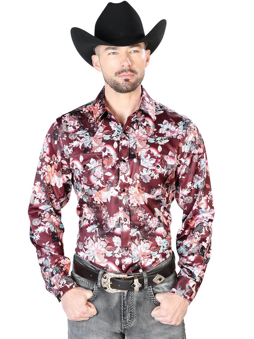 Camisa Vaquera Manga Larga de Broches Floral Para Hombre 'El de los Cielos' *BROWN-43936* -