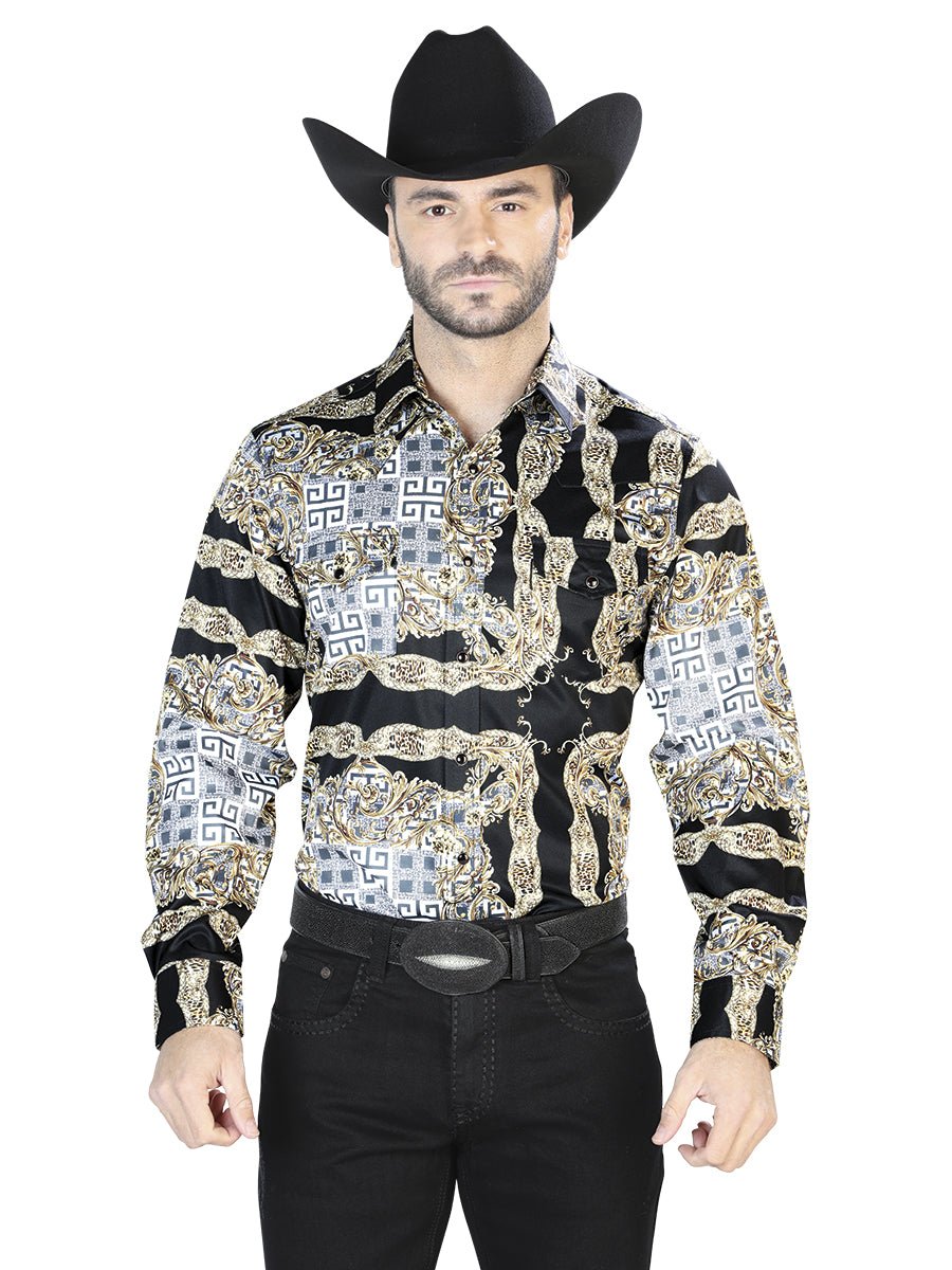 Camisa Vaquera Manga de Broches para Hombre 'El de los Cielos' *NEGRO/ORO- 44070* -