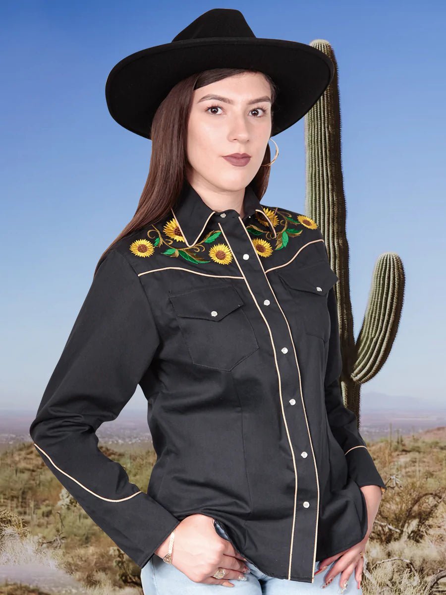 Predicar Archivo zapatilla Camisa Vaquera Para Mujer Con Girasoles 'El Señor De Los Cielos'  *BLACK-125789* - BELLEZA'S