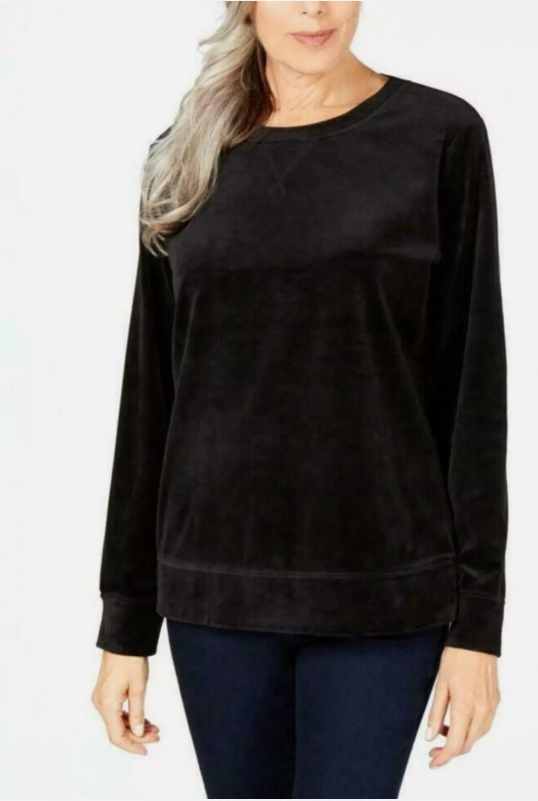 Karen Scott Velour Sweatshirt Deep Black S - BELLEZA'S - Karen Scott Velour Sweatshirt Deep Black S - BELLEZA'S - -