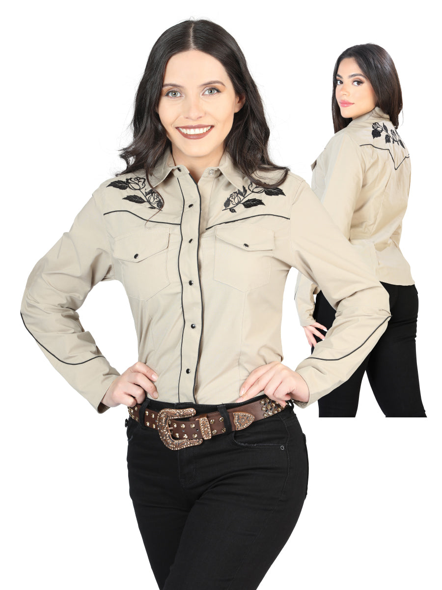 Women’s Beige Floral Embroidered Long Sleeve Western Shirt 'El Señor de los Cielos' 42969