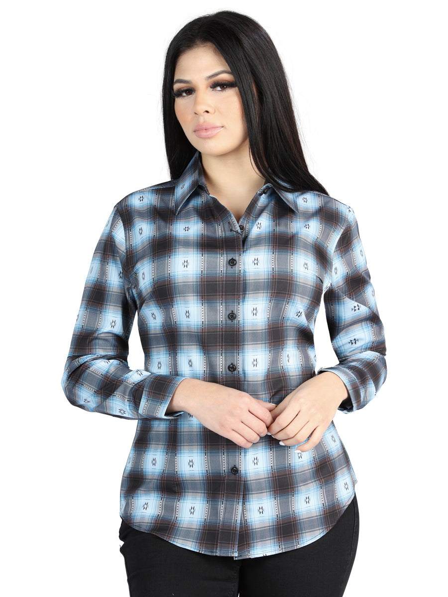 Camisa Western Manga Larga Con Estampado De Cuadros Azul Marino/Negro Para Mujer 'El Señor de los Cielos' 44719