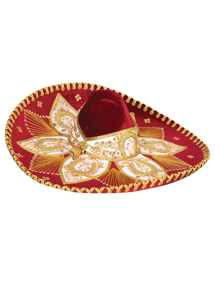 Adult Mexican Charro Hat Velvet Wine/Gold 601775 - BELLEZA'S - Adult Mexican Charro Hat Velvet Wine/Gold 601775 - CABALLERO - 60177501