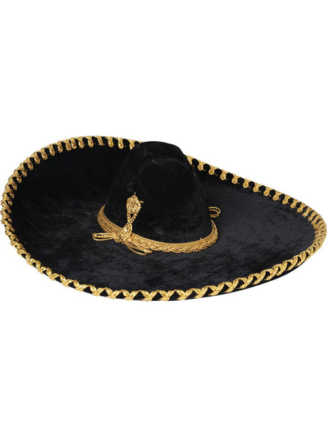 Adult Mexicanl Charro Hat Velvet Black/Gold 600601 - BELLEZA'S - Adult Mexicanl Charro Hat Velvet Black/Gold 600601 - CABALLERO - 60060101