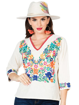 Artisanal Embroidered Blouse 100% Cotton Beige 603055 - BELLEZA'S - Artisanal Embroidered Blouse 100% Cotton Beige 603055 - DAMA - 60305501