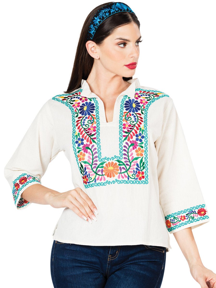 Artisanal Embroidered Blouse 100% Cotton Beige 603060 - BELLEZA'S - Artisanal Embroidered Blouse 100% Cotton Beige 603060 - DAMA - 60306001