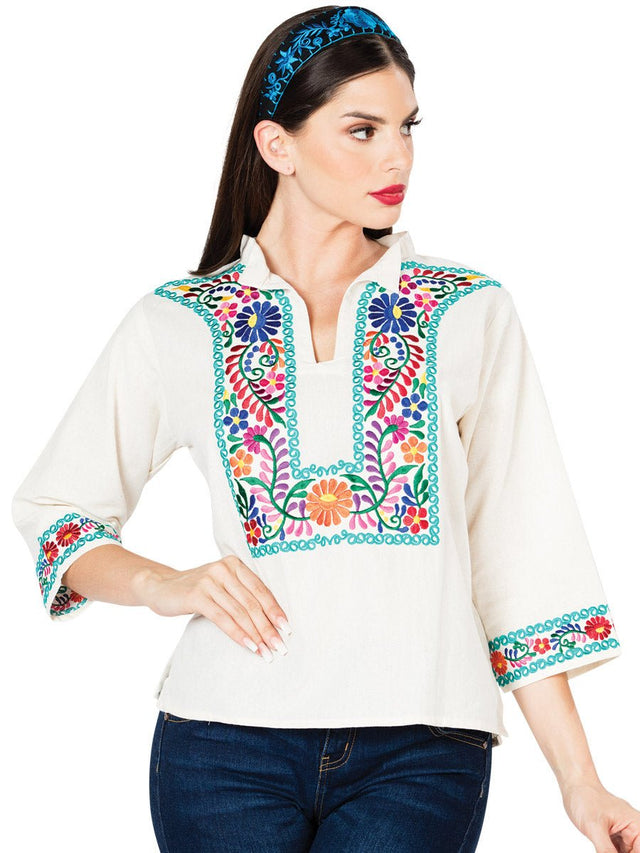 Artisanal Embroidered Blouse 100% Cotton Beige 603060 - BELLEZA'S - Artisanal Embroidered Blouse 100% Cotton Beige 603060 - DAMA - 60306001