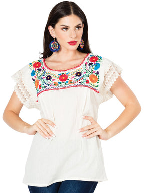 Artisanal Embroidered Blouse 100% Cotton Beige 603097 - BELLEZA'S - Artisanal Embroidered Blouse 100% Cotton Beige 603097 - DAMA - 60309701