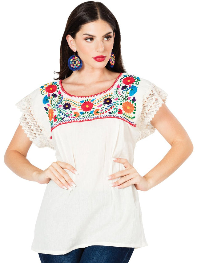 Artisanal Embroidered Blouse 100% Cotton Beige 603097 - BELLEZA'S - Artisanal Embroidered Blouse 100% Cotton Beige 603097 - DAMA - 60309701
