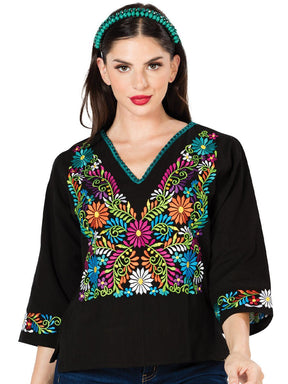 Artisanal Embroidered Blouse 100% Cotton Black 603054 - BELLEZA'S - Artisanal Embroidered Blouse 100% Cotton Black 603054 - DAMA - 60305401