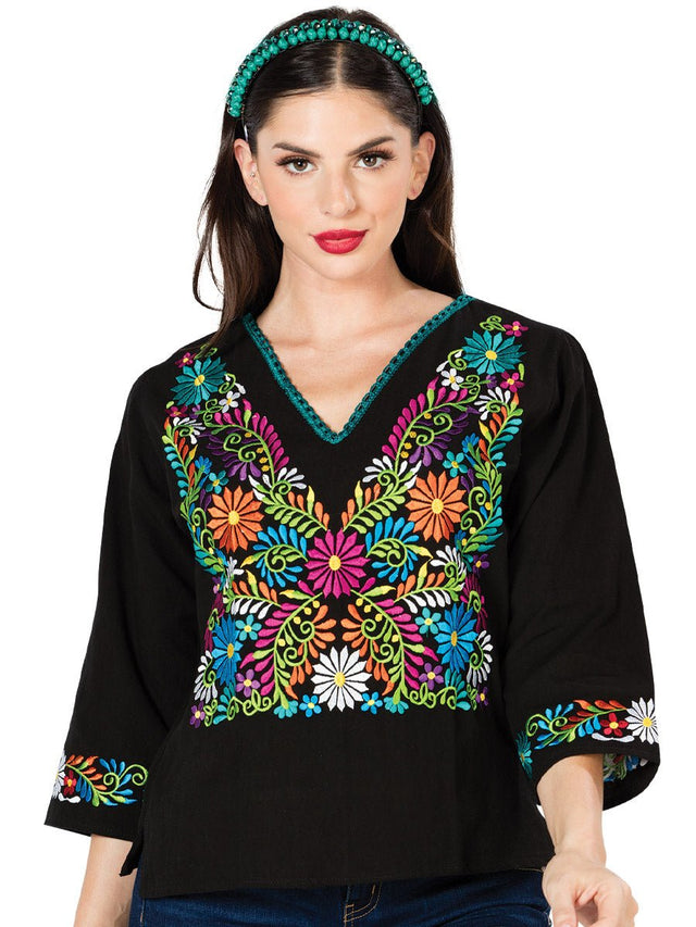 Artisanal Embroidered Blouse 100% Cotton Black 603054 - BELLEZA'S - Artisanal Embroidered Blouse 100% Cotton Black 603054 - DAMA - 60305401