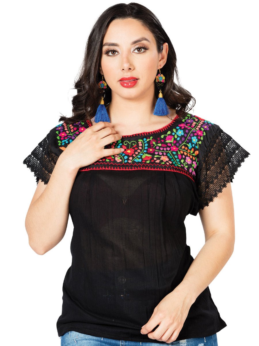 Artisanal Embroidered Blouse 100% Cotton Black 603098 - BELLEZA'S - Artisanal Embroidered Blouse 100% Cotton Black 603098 - DAMA - 60309801