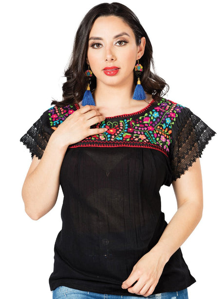 Artisanal Embroidered Blouse 100% Cotton Black 603098 - BELLEZA'S - Artisanal Embroidered Blouse 100% Cotton Black 603098 - DAMA - 60309801