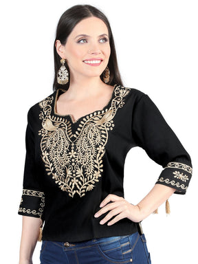 Artisanal Embroidered Blouse 100% Cotton Black 603960 - BELLEZA'S - Artisanal Embroidered Blouse 100% Cotton Black 603960 - DAMA - 60396001