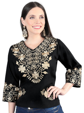 Artisanal Embroidered Blouse 100% Cotton Black 603962 - BELLEZA'S - Artisanal Embroidered Blouse 100% Cotton Black 603962 - DAMA - 60396201