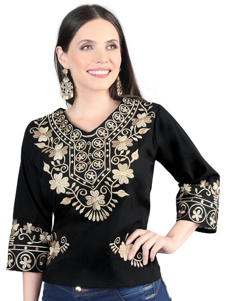 Artisanal Embroidered Blouse 100% Cotton Black 603962 - BELLEZA'S - Artisanal Embroidered Blouse 100% Cotton Black 603962 - DAMA - 60396201