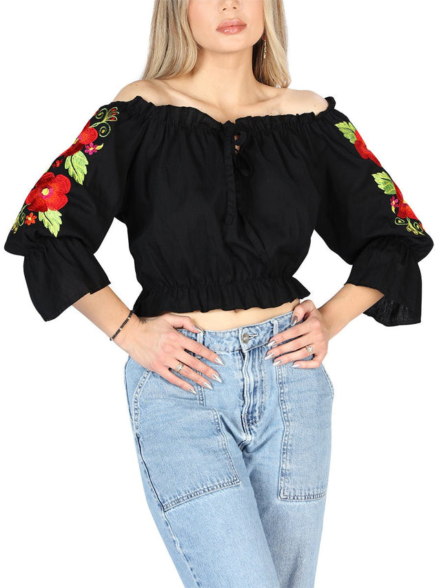 Artisanal Embroidered Blouse 100% Cotton Black 604050 - BELLEZA'S - Artisanal Embroidered Blouse 100% Cotton Black 604050 - DAMA - 60405001