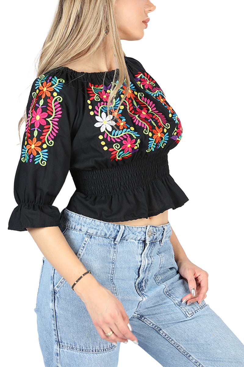 Artisanal Embroidered Blouse 100% Cotton Black 604051 - BELLEZA'S - Artisanal Embroidered Blouse 100% Cotton Black 604051 - DAMA - 60405101
