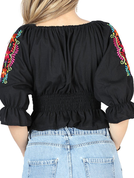 Artisanal Embroidered Blouse 100% Cotton Black 604051 - BELLEZA'S - Artisanal Embroidered Blouse 100% Cotton Black 604051 - DAMA - 60405101
