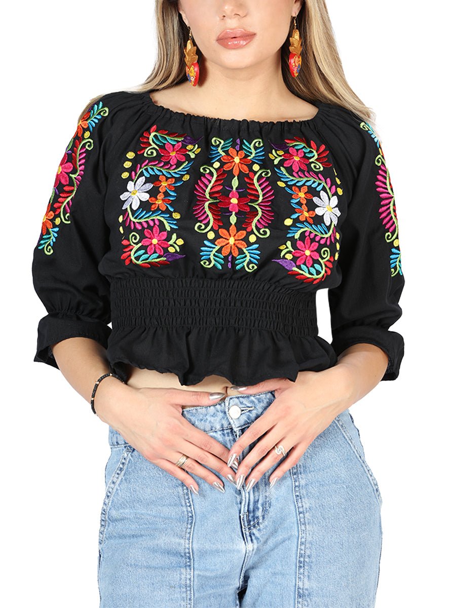 Artisanal Embroidered Blouse 100% Cotton Black 604051 - BELLEZA'S - Artisanal Embroidered Blouse 100% Cotton Black 604051 - DAMA - 60405101