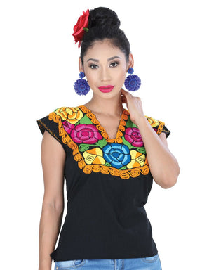 Artisanal Embroidered Blouse 100% Cotton Black/Orange 601404 - BELLEZA'S - Artisanal Embroidered Blouse 100% Cotton Black/Orange 601404 - DAMA - 60140401