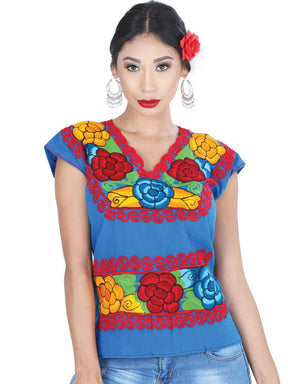 Artisanal Embroidered Blouse 100% Cotton Blue 601413 - BELLEZA'S - Artisanal Embroidered Blouse 100% Cotton Blue 601413 - DAMA - 60141301