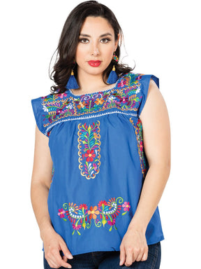 Artisanal Embroidered Blouse 100% Cotton Blue 603050 - BELLEZA'S - Artisanal Embroidered Blouse 100% Cotton Blue 603050 - DAMA - 60305001