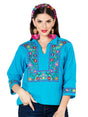 Artisanal Embroidered Blouse 100% Cotton Blue 603061 - BELLEZA'S - Artisanal Embroidered Blouse 100% Cotton Blue 603061 - DAMA - 60306101