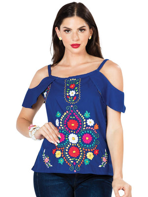 Artisanal Embroidered Blouse 100% Cotton Blue 603069 - BELLEZA'S - Artisanal Embroidered Blouse 100% Cotton Blue 603069 - DAMA - 60306901