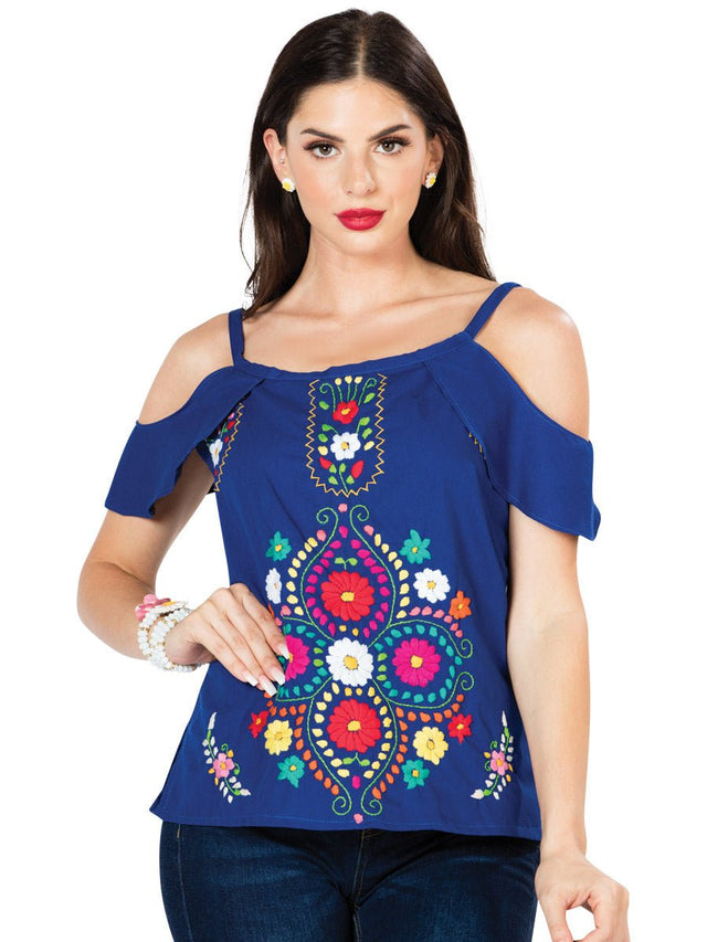 Artisanal Embroidered Blouse 100% Cotton Blue 603069 - BELLEZA'S - Artisanal Embroidered Blouse 100% Cotton Blue 603069 - DAMA - 60306901