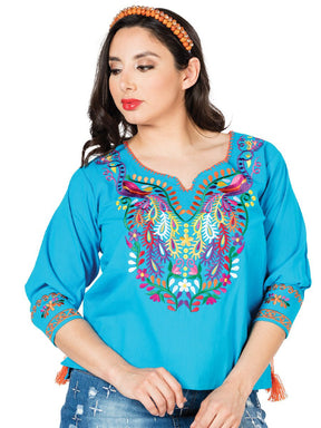 Artisanal Embroidered Blouse 100% Cotton Blue 603181 - BELLEZA'S - Artisanal Embroidered Blouse 100% Cotton Blue 603181 - DAMA - 60318101