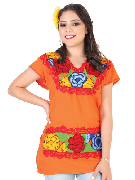 Artisanal Embroidered Blouse 100% Cotton Orange 602303 - BELLEZA'S - Artisanal Embroidered Blouse 100% Cotton Orange 602303 - DAMA - 60230301