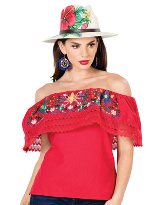 Artisanal Embroidered Blouse 100% Cotton Red 603052 - BELLEZA'S - Artisanal Embroidered Blouse 100% Cotton Red 603052 - DAMA - 60305201