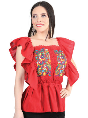 Artisanal Embroidered Blouse 100% Cotton Red 603967 - BELLEZA'S - Artisanal Embroidered Blouse 100% Cotton Red 603967 - DAMA - 60396701