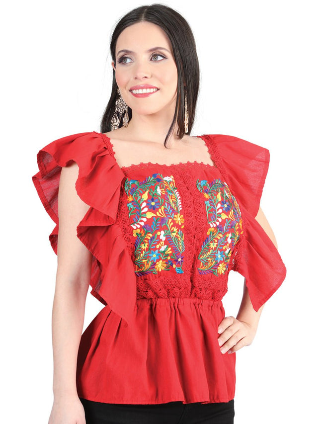 Artisanal Embroidered Blouse 100% Cotton Red 603967 - BELLEZA'S - Artisanal Embroidered Blouse 100% Cotton Red 603967 - DAMA - 60396701