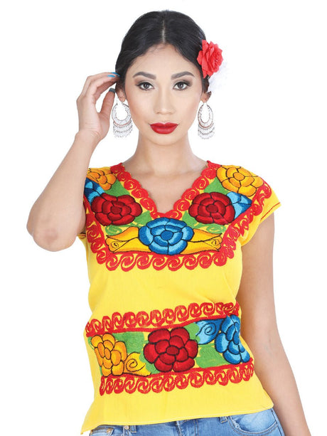 Artisanal Embroidered Blouse 100% Cotton Yellow 601412 - BELLEZA'S - Artisanal Embroidered Blouse 100% Cotton Yellow 601412 - DAMA - 60141201