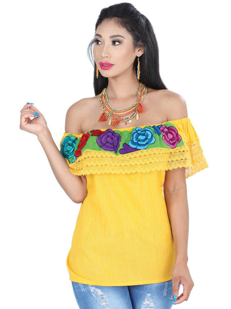 Artisanal Embroidered Blouse 100% Cotton Yellow 601425 - BELLEZA'S - Artisanal Embroidered Blouse 100% Cotton Yellow 601425 - DAMA - 60142501